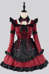 Black/Red Maid Long Sleeves Ruffle Bowknot Gothic Lolita Dress Full Set